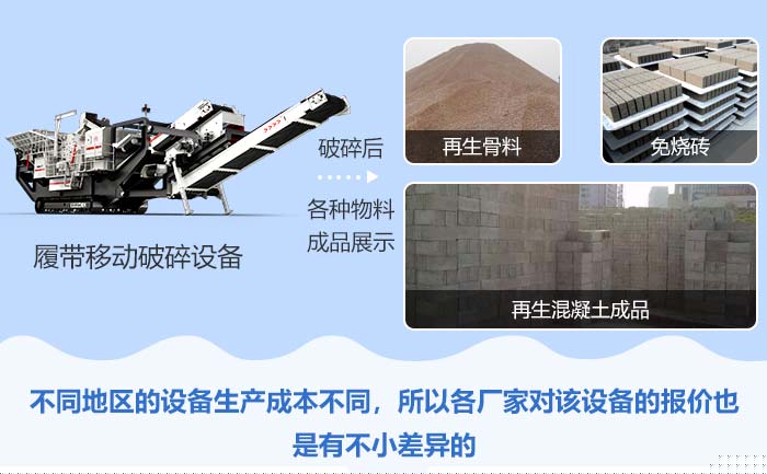履帶式移動(dòng)破碎設(shè)備處理后的再生骨料、免燒磚、再生混凝土